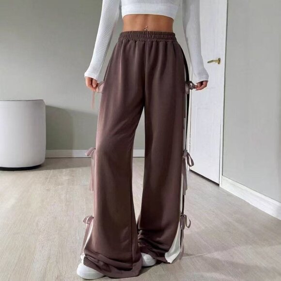 NEW Women's Casual Sports Sweatpants With Bowknot Drawstring, Coffee Br - Picture 4 of 6